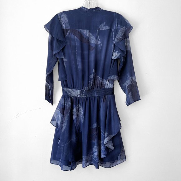 NEW! HALSTON HERITAGE 100% Silk Flutter Floral print Dress, Blue Moon, Sz 0 - Picture 9 of 15